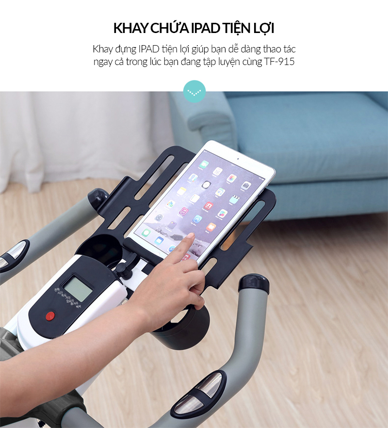 Khay chứa iPad tiện lợi cho phép bạn vừa tập luyện vừa thư giãn 